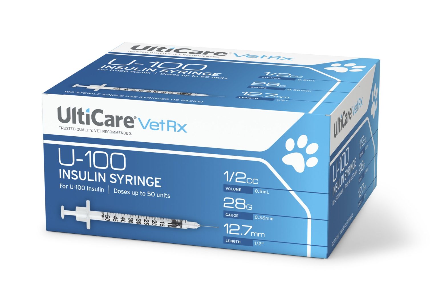 U100 UltiCare VetRx Insulin Syringes 100/box (½cc, 28g x ½") J&B Pet
