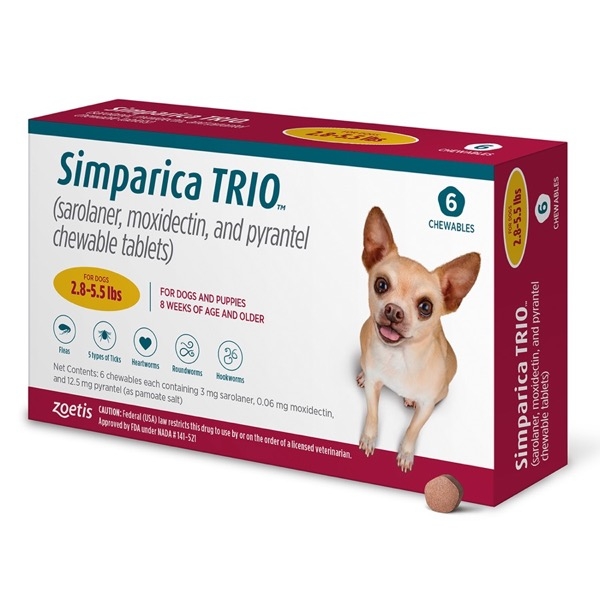 Simparica Trio Chewable Tablets Gold (2.8-5.5lbs) 6/pk - J&B Pet Source