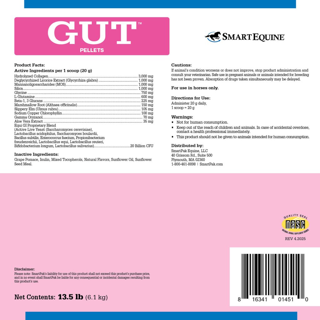 Gut Pellets 13.5 Lb Bucket (2109902463) Label Gutpellets 6.5x6.5 13.5lb 306day 4 2025 Back 2000x2000