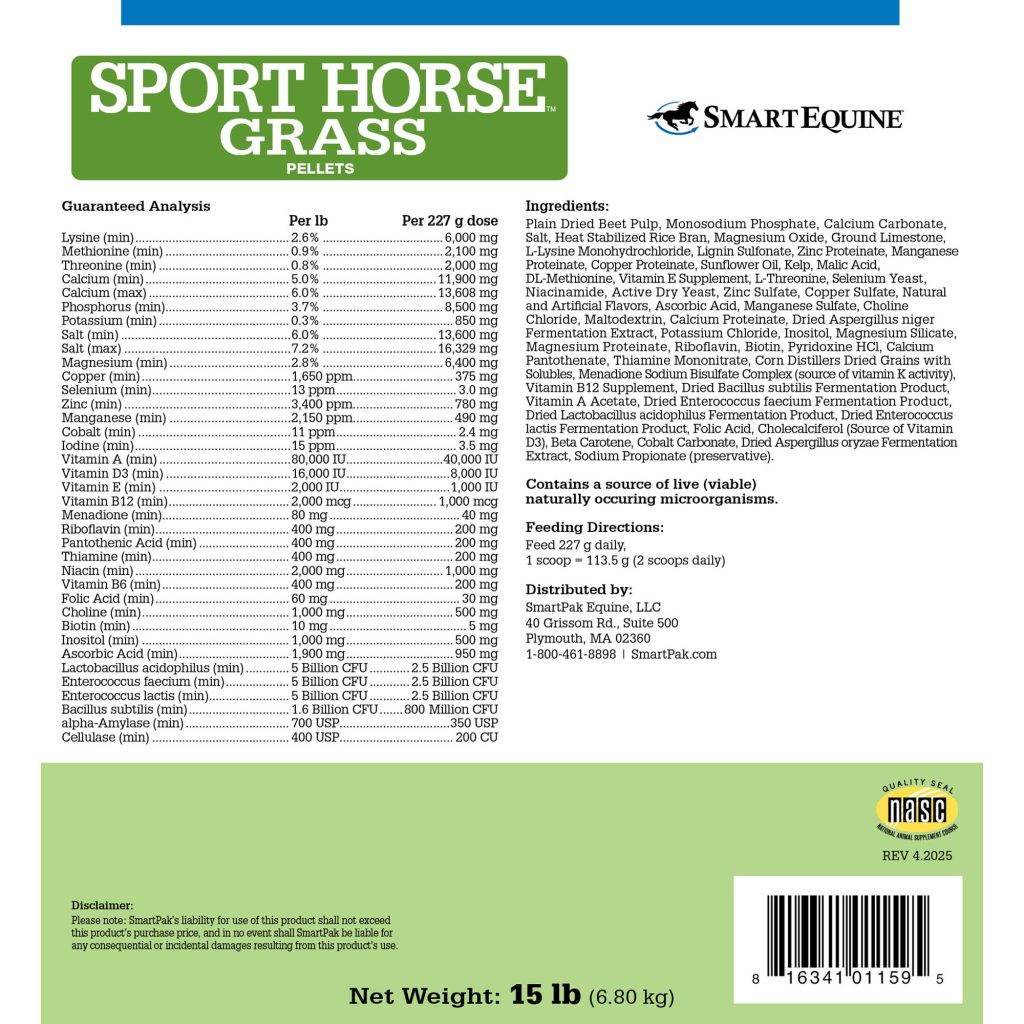 Sport Horse Grass Pellets 15 Lb Bucket (2109902485) Label Sporthorsegrasspellets 5.75x6.25 15lb 29day 4 2025 Back 2000x2000